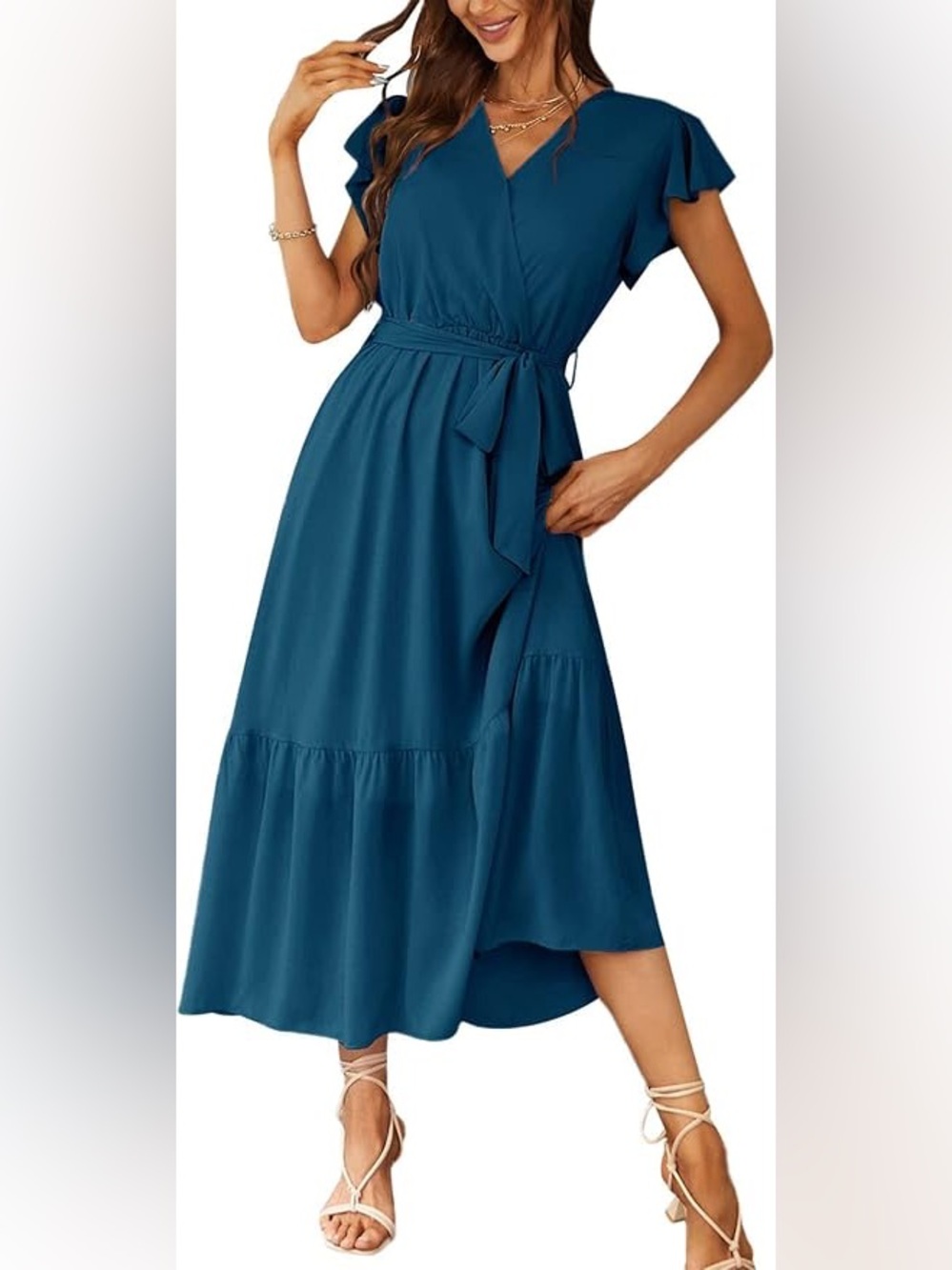 Women’s Teal Tie-Waist Maxi Dress with Ruffle Detail xl
